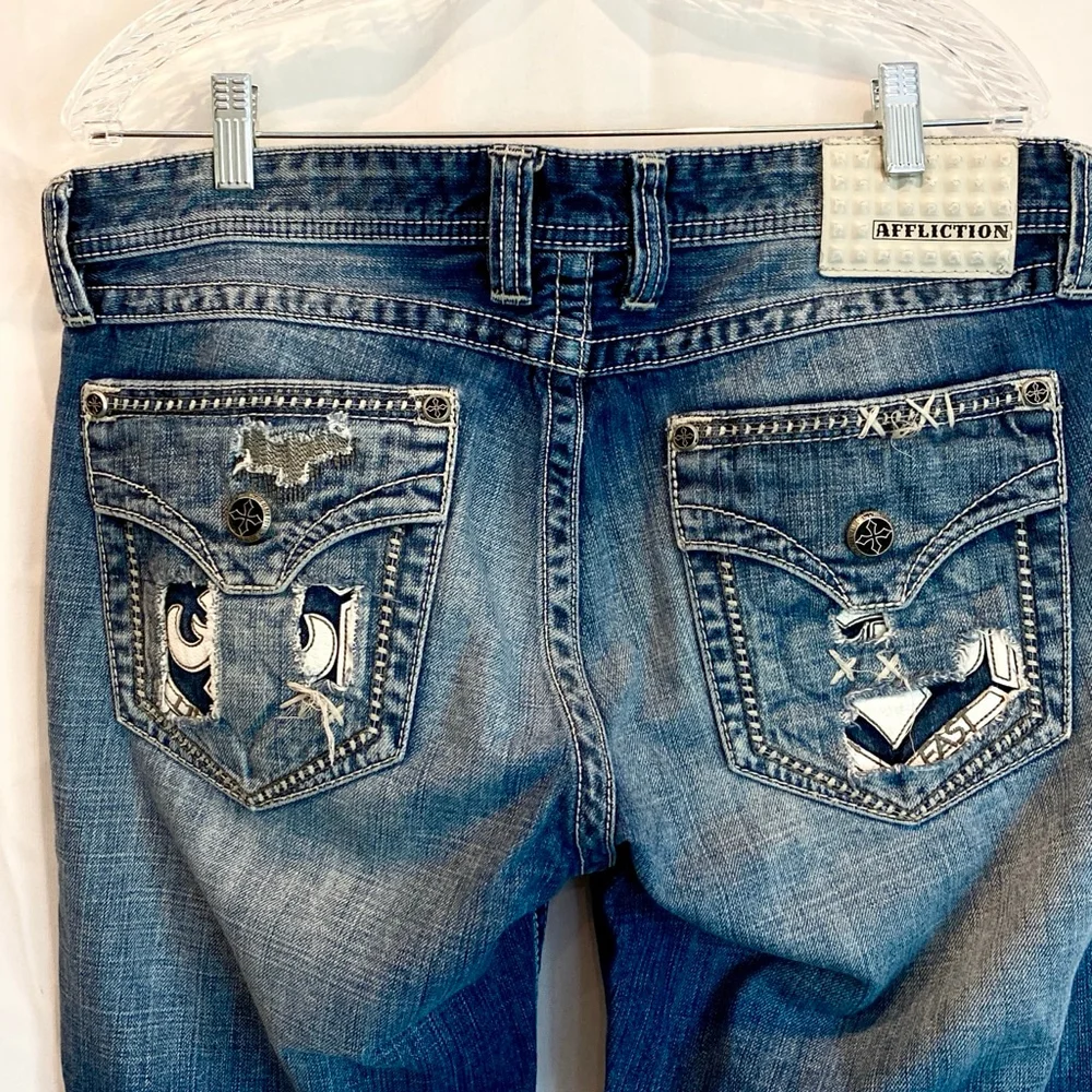 Men's Affliction Blue Distressed Bootcut Jeans w/White Stitching Detail Waist 34